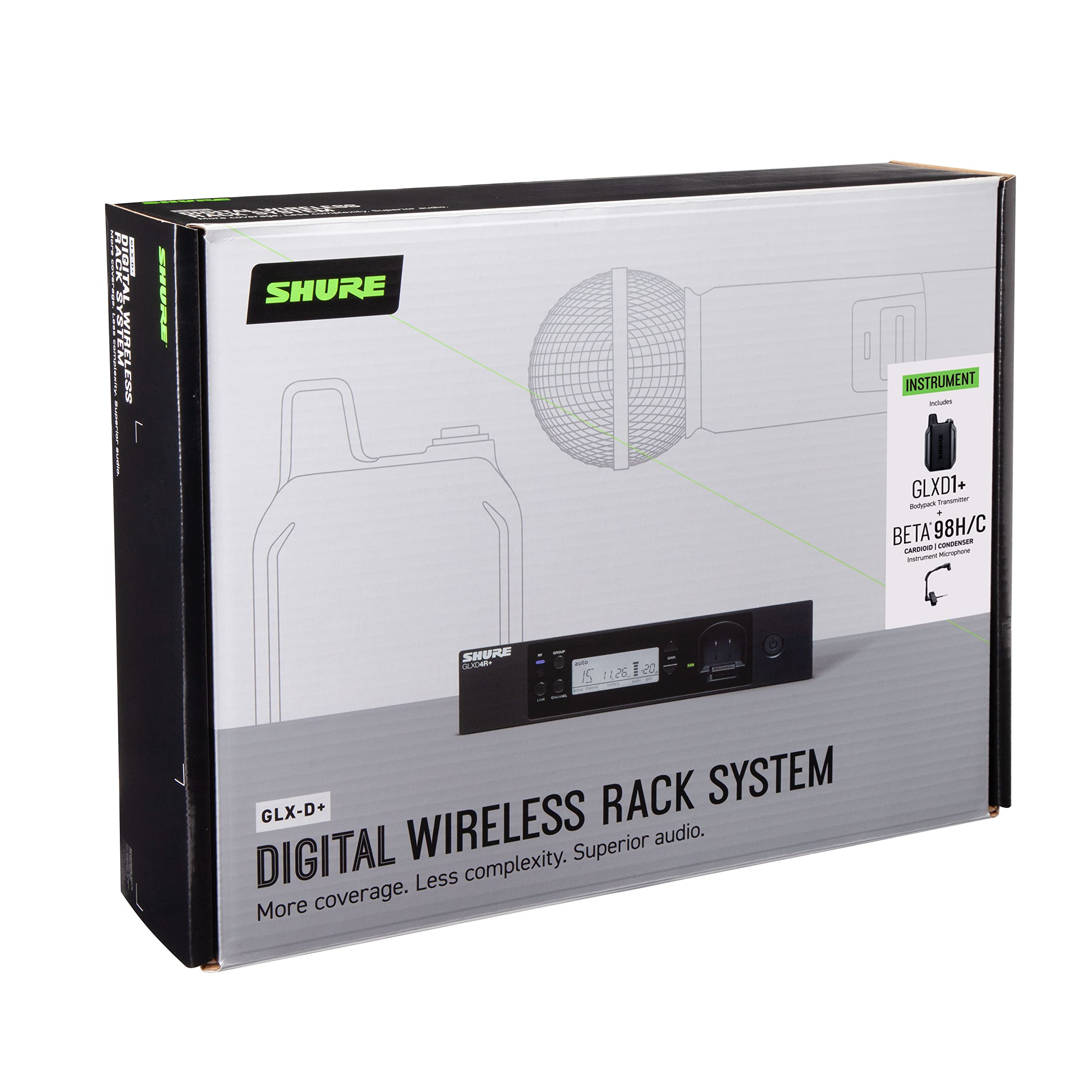 Shure GLXD14R+/B98 Dual Band Digital Wireless Microphone System for Brass, Woodwinds, Percussion - 12-Hour Battery Life, 100 ft Range, Clip-on Instrument Mic, Single Channel Rack Mount Receiver Shure GLXD14R+/B98 Dual Band Digital Wireless Microphone System for Brass, Woodwinds, Percussion - 12-Hour Battery Life, 100 ft Range, Clip-on Instrument Mic, Single Channel Rack Mount Receiver